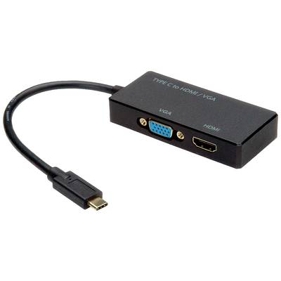 'Adapter von USB-C zu HDMI/VGA'. Schwarzer Adapter mit Anschlüssen für VGA und HDMI, verbunden durch ein USB-C-Kabel.