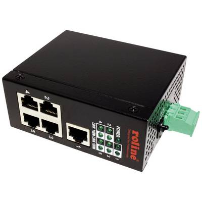 Ein schwarzer Roline Netzwerk-Switch mit vier Ethernet-Ports und grünen Statusleuchten für die Netzwerkverbindung.