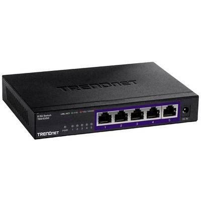 Ein schwarzer Netzwerk-Switch von TRENDnet mit fünf Ethernet-Ports, LEDs zur Statusanzeige und Stromanschluss auf der rechten Seite.