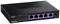 Ein schwarzer Netzwerk-Switch von TRENDnet mit fünf Ethernet-Ports, LEDs zur Statusanzeige und Stromanschluss auf der rechten Seite.