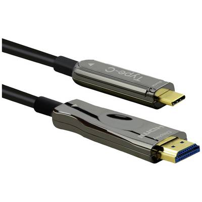 Ein schwarzes Kabel mit einem USB-C Stecker auf der einen Seite und einem HDMI-Stecker auf der anderen, zur Video- und Audioübertragung.