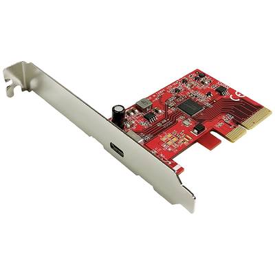 Eine rote PCIe-Erweiterungskarte mit mehreren elektronischen Komponenten und einem USB-C-Anschluss.