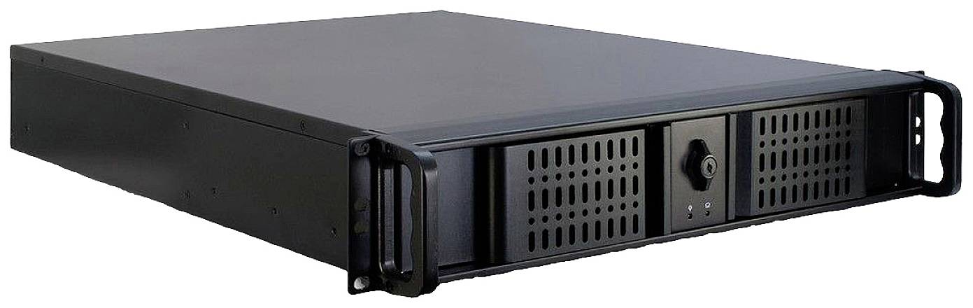 Schwarzes 19-Zoll-Rackmount-Gehäuse in 2U-Größe, mit Lüftungsschlitzen und abschließbarer Fronttür, geeignet zur Aufnahme von Server-Hardware.
