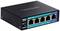 Ein schwarzer Netzwerk-Switch mit fünf Ethernet-Ports, an jedem Port numeriert von 1 bis 5, grüne und orange Status-LEDs anzeigen.