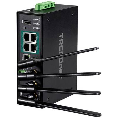 Ein schwarzes Netzwerkgerät mit vier Antennen und mehreren Ethernet-Ports. Oben befindet sich ein grüner Anschlussblock.