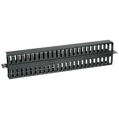 Ein schwarzer Kabelmanagement-Kanal mit Schlitzen zur Organisation und Führung von Kabeln in einem Technik- oder Server-Rack.