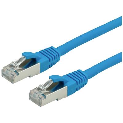 Ein blaues Ethernet-Kabel mit zwei RJ45-Steckern, verwendet für Internet- und Netzwerkverbindungen.