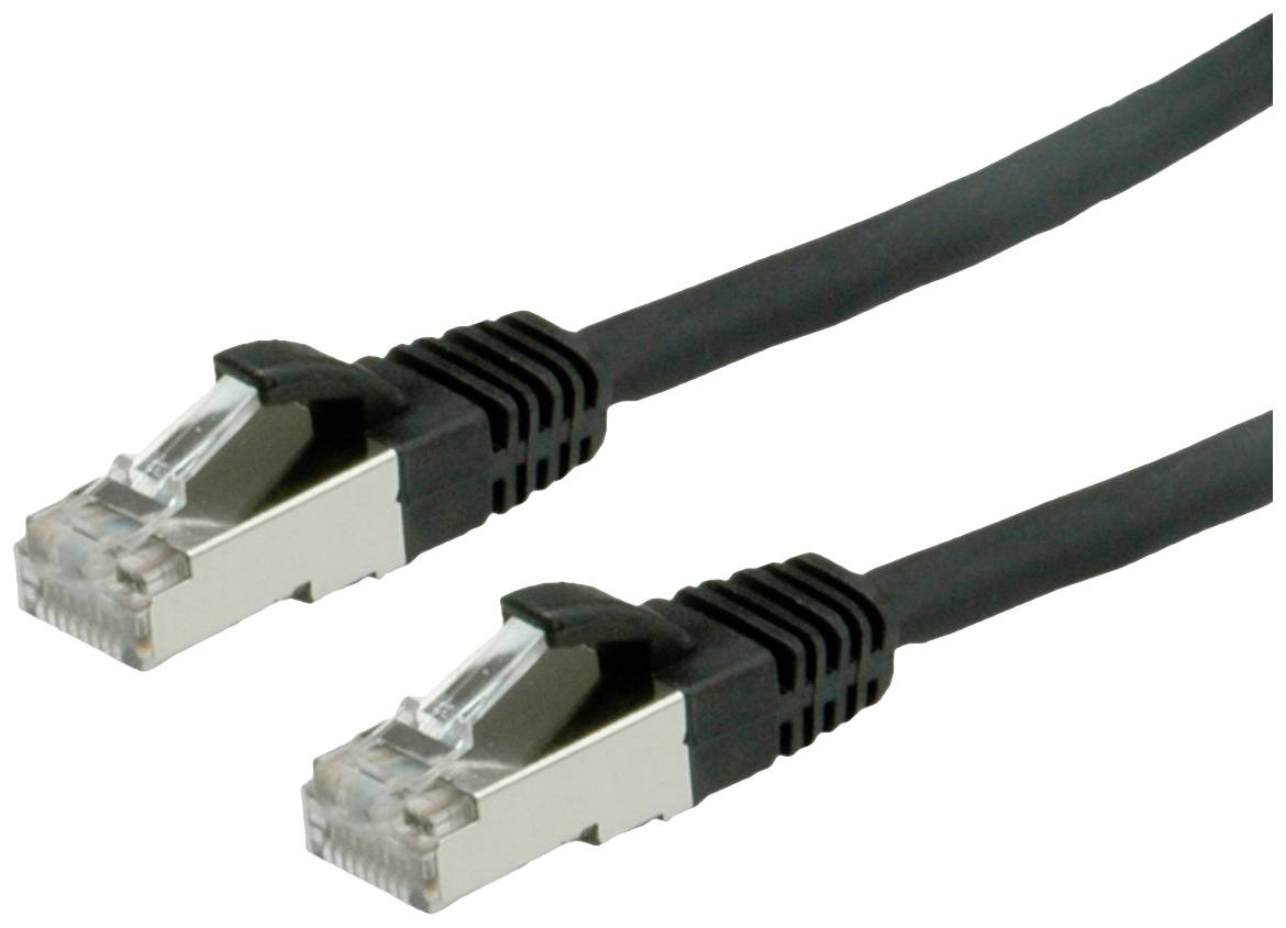 Ein schwarzes Ethernet-Kabel mit zwei RJ45-Steckern an beiden Enden, das zur Netzwerkverbindung verwendet wird.