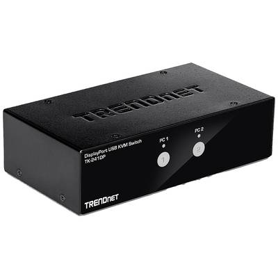 Ein schwarzer KVM-Switch von TRENDnet mit zwei nummerierten Tasten für PC 1 und PC 2 auf der Vorderseite. Modell: TK-241 DP.