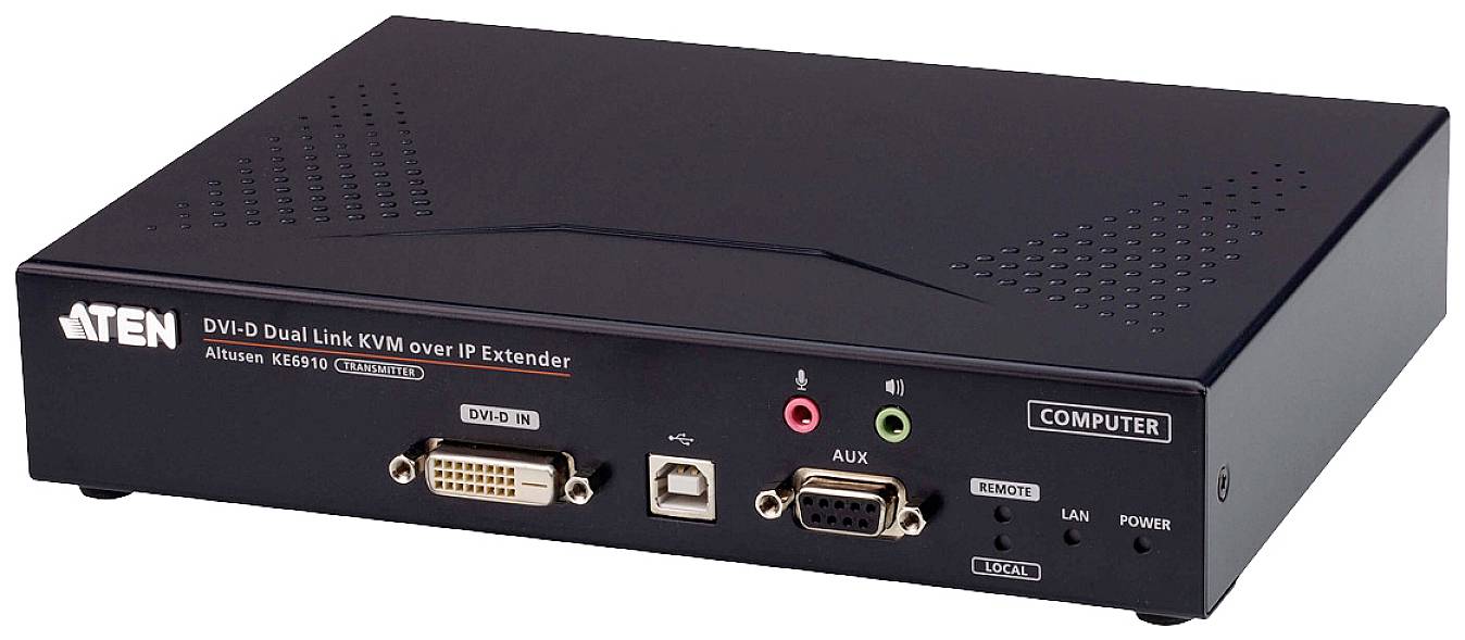 Schwarzer ATEN Dual Link KVM Extender für IP-Netze mit Anschlüssen vorne: DVI, USB, AUX, LAN, Remote. Modell KE6910.