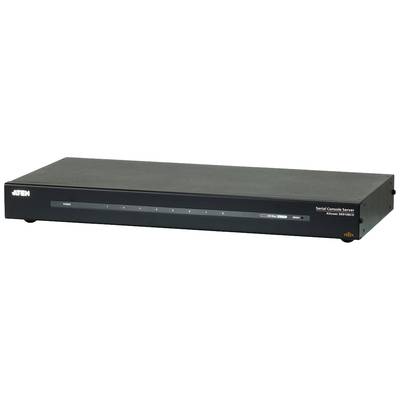 Schwarzer Konsolenserver von Aten bildet den Hauptfokus des Bildes. Gerät besitzt mehrere Anschlüsse an der Vorderseite.