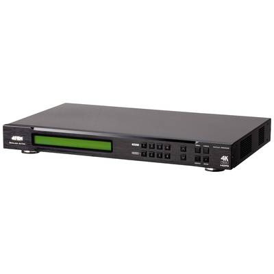 Schwarzer AV-Switch mit grünem Display und mehreren Tasten zur Steuerung. Markenlogo links, Beschriftungen und Anschlüsse sichtbar.