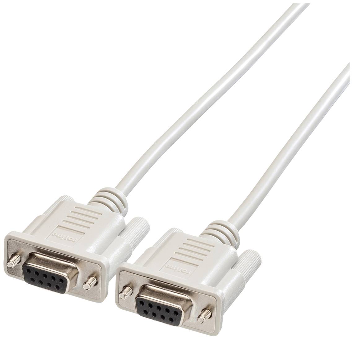 Zwei graue serielle DB9-Stecker mit Kabeln, die für die Datenübertragung zwischen Geräten verwendet werden können.