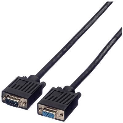 Ein schwarzes VGA-Kabel mit zwei Anschlüssen, einem männlichen und einem weiblichen Stecker, zur Übertragung von Videosignalen.