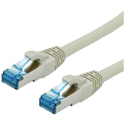 Ein graues Ethernet-Kabel mit zwei blauen RJ-45-Steckern, verwendet zur Verbindung von Netzwerkgeräten für Datenübertragung.