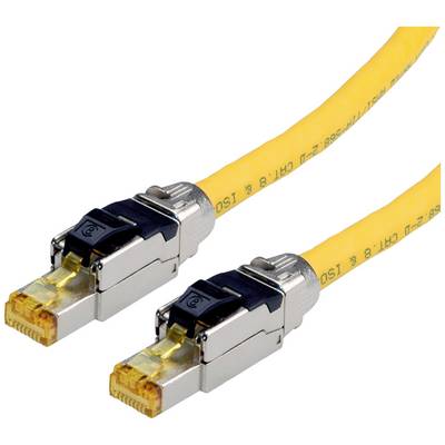 Gelbes Ethernet-Kabel mit Metallsteckern an beiden Enden, geeignet für Netzwerkverbindungen.