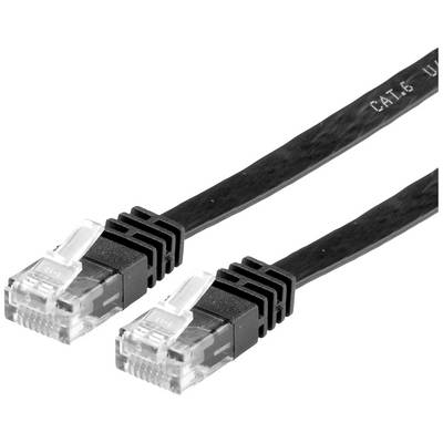 Zwei schwarze Ethernet-Kabel mit RJ45-Steckern an beiden Enden, geeignet für Netzwerkinstallationen.