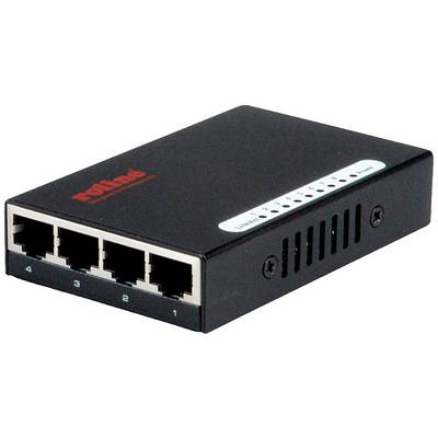 Ein schwarzer Netzwerk-Switch mit vier Ethernet-Ports auf der Vorderseite und Status-LEDs oben.