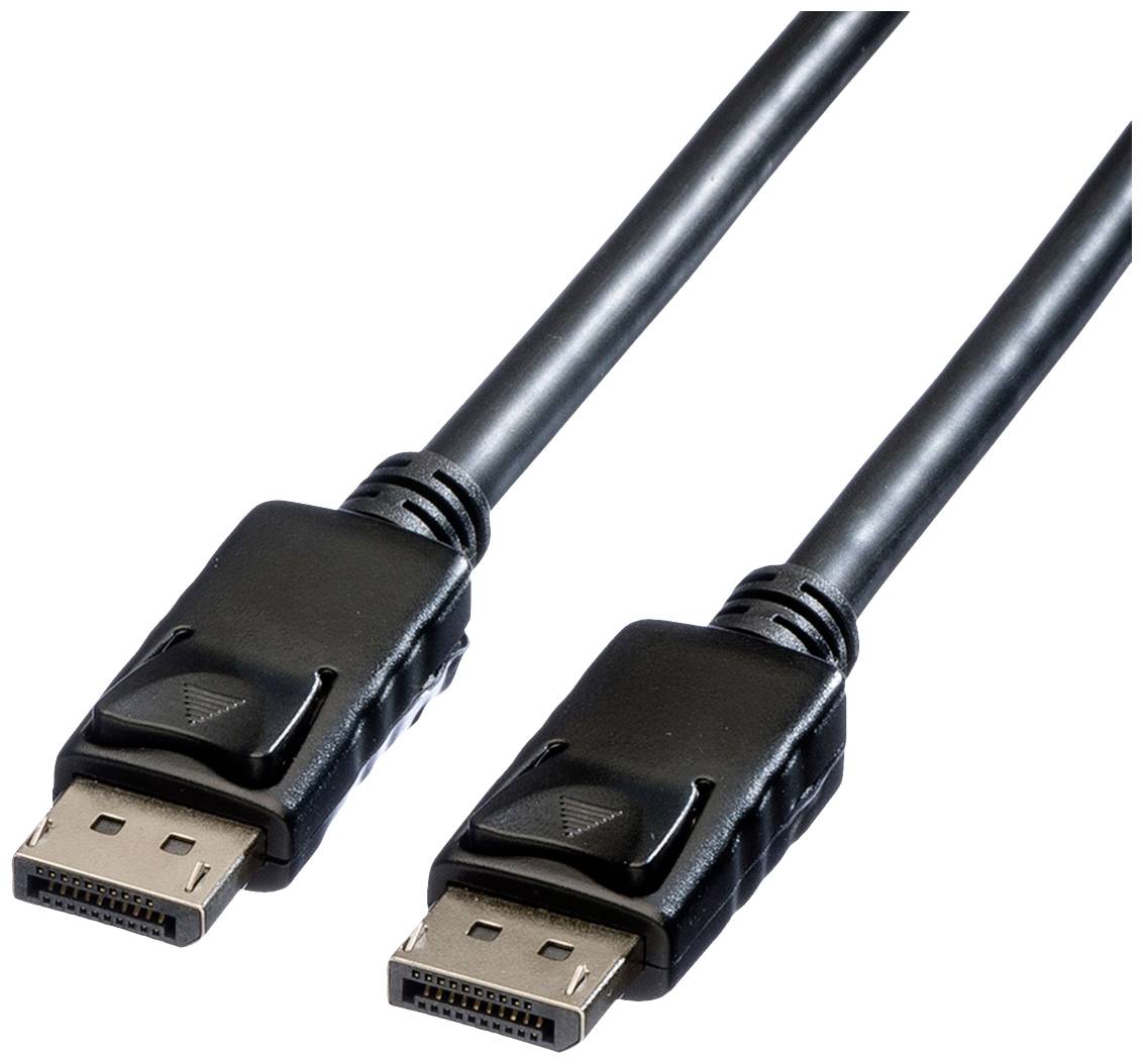 Zwei schwarze DisplayPort-Kabel mit Steckern an einem Ende. Die Kabel liegen nebeneinander und zeigen die goldfarbenen Kontakte.