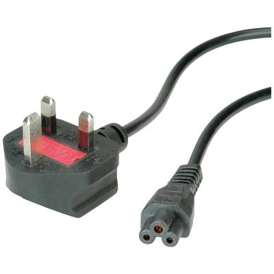 Abgebildet ist ein schwarzes Netzkabel mit einem UK-Stecker auf der einen und einem dreipoligen weiblichen Anschluss auf der anderen Seite.