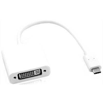 Ein weißer USB-C-zu-DVI-Adapter, mit dem elektronische Geräte mit DVI-kompatiblen Bildschirmen verbunden werden können.