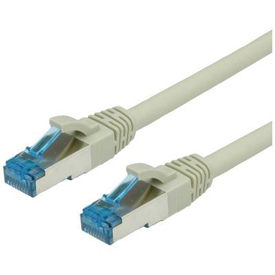 Ein graues Ethernet-Kabel mit blauen Steckern an beiden Enden, passend für Netzwerkinstallationen oder Verbindung elektronischer Geräte.