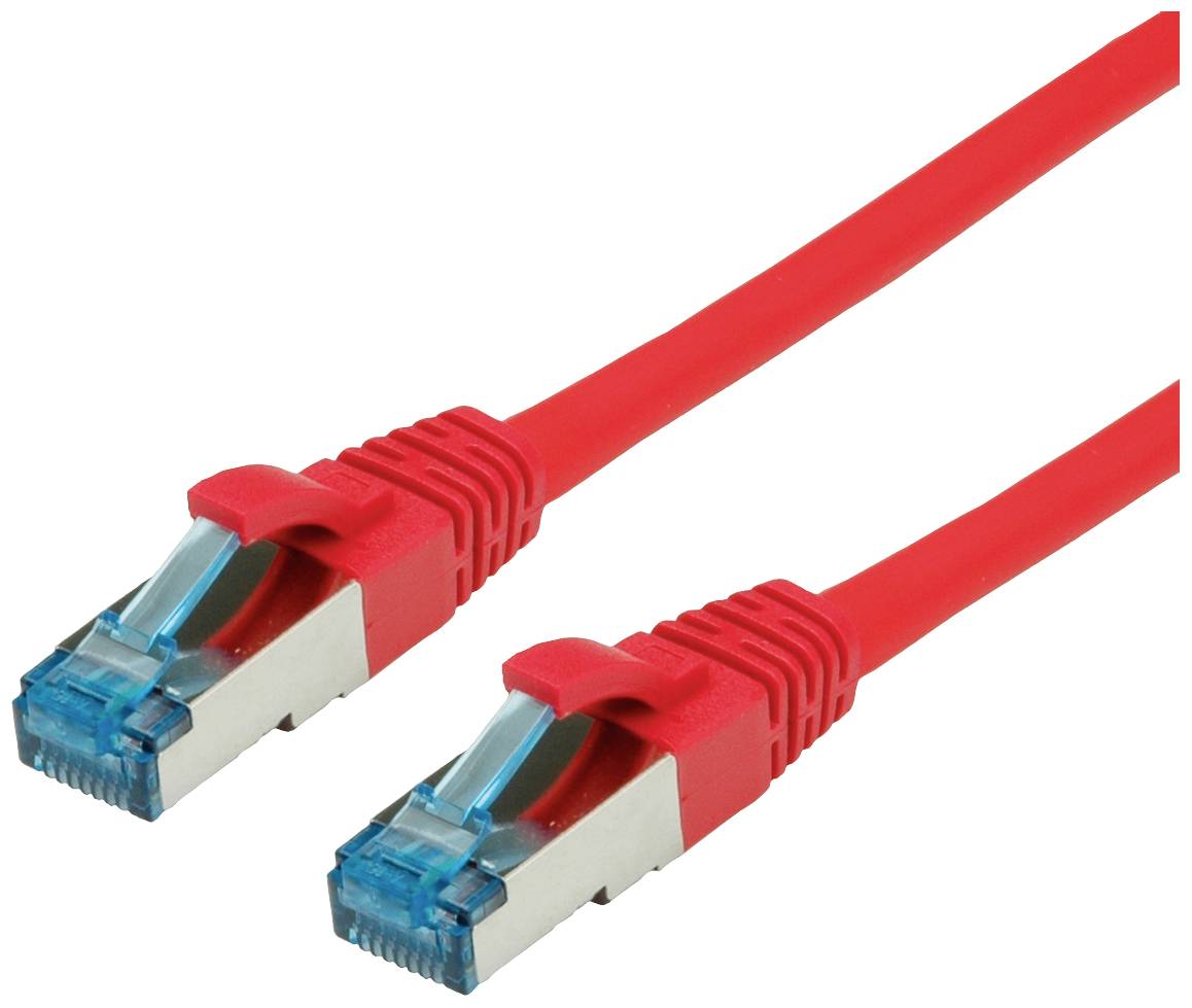 Rotes Ethernet-Kabel mit zwei RJ-45-Steckern, geeignet für Netzwerkverbindungen.