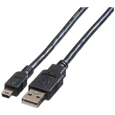 Schwarzes USB-Kabel mit Standard-USB-A-Stecker auf der einen Seite und Mini-USB-Stecker auf der anderen Seite, zur Datenverbindung.