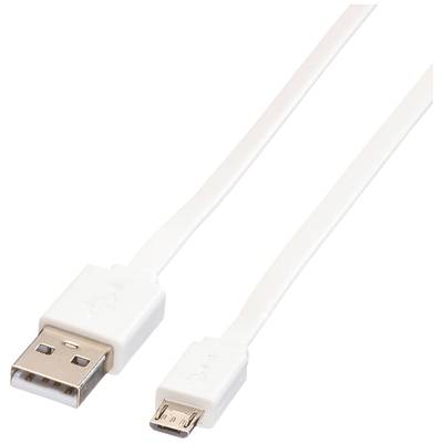 'Weißes USB-auf-Micro-USB-Kabel, flach, für Datenübertragung oder Laden. Rechteckige USB-Buchse und kleinere Micro-USB-Stecker.'