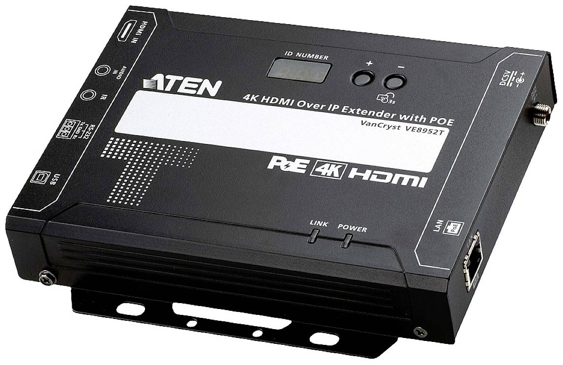 Ein HDMI-Extender-Gerät von ATEN, Modellnummer VE8952T, das 4K-Signalübertragung über IP mit PoE-Funktionalität unterstützt.