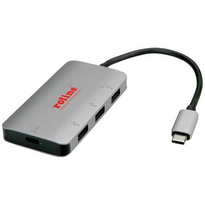 Ein USB-C Adapter-Hub mit mehreren USB-Anschlüssen, darunter USB-A und HDMI, zur Verbindung von Geräten mit einem Computer.