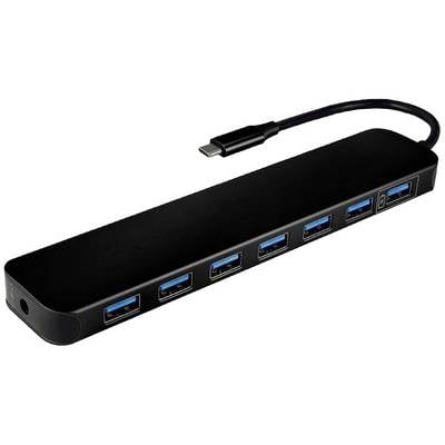 USB-Hub mit sieben blauen USB-A-Anschlüssen und schwarzem Kabel mit USB-C-Stecker.