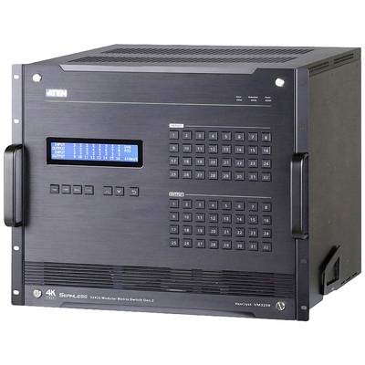 Ein großer schwarzer Elektronik-Rack mit zahlreichen Tasten und einem blauen Display, wahrscheinlich ein Steuergerät oder Schalter.