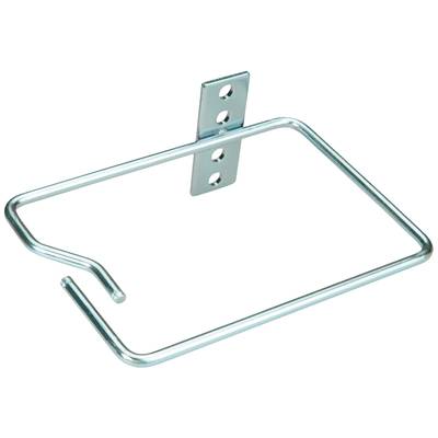 Metallischer Wandhalter mit drei Löchern zur Befestigung und einem rechteckigen Bügel, geeignet für das Aufhängen von kleinen Gegenständen.