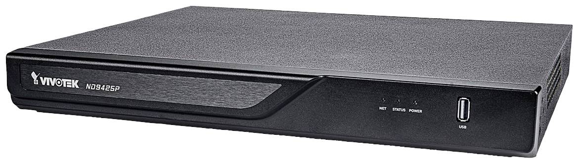 Ein schwarzer Netzwerkrekorder mit der Aufschrift 'Vivotek NR3281'. Er verfügt über eine USB-Schnittstelle und verschiedene LED-Anzeigen.