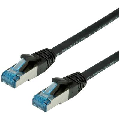 Zwei schwarze Cat6 Ethernet-Kabel mit blauen Steckern, die für Netzwerkverbindungen verwendet werden.
