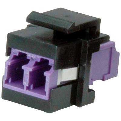 Schwarzer und lila optischer Netzwerkstecker, quadratische Form, mit zwei Steckplätzen für Glasfaserkabel, vor weißem Hintergrund.