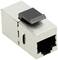 Metallischer Cat.6A Keystone-Modul, zum Anschluss von Netzwerk-Kabeln, schwarze Kunststoffabdeckung oben. Geeignet für Ethernet-Verkabelung.
