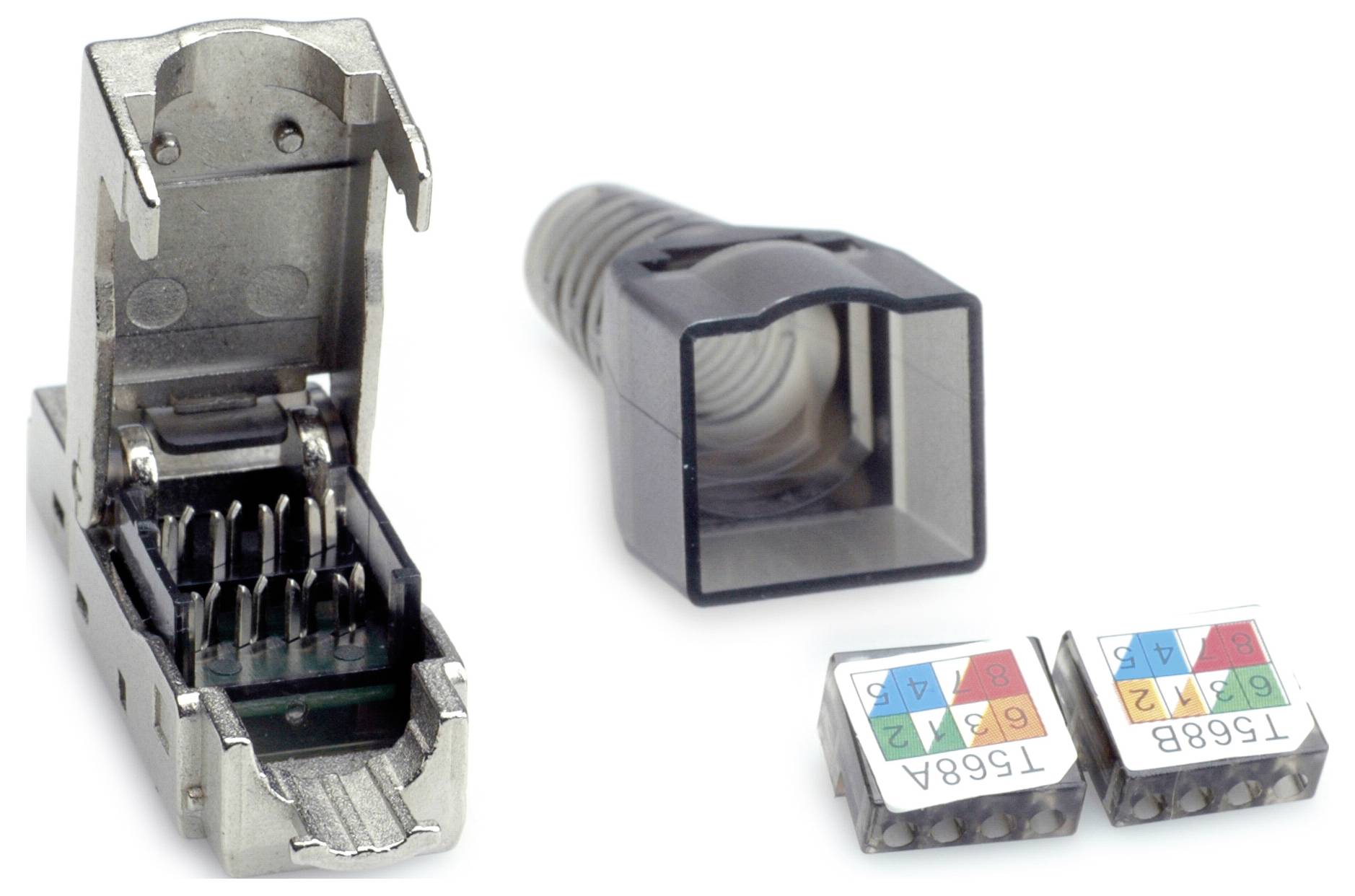 'RJ45-Stecker-Set mit Gehäuse, Kabelknickschutz und Farbcodierungseinsätzen für Netzwerkanwendungen.'