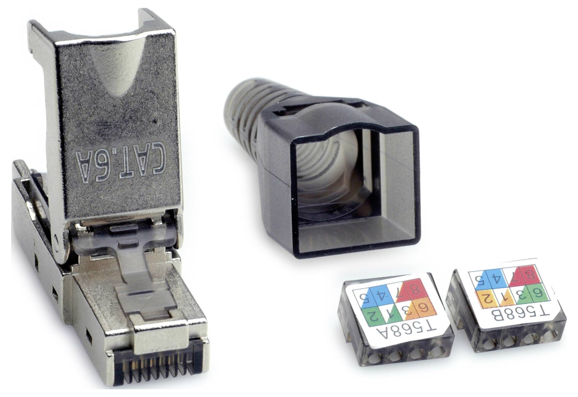 Abgebildet sind ein CAT6A-Stecker, ein Schutzschirm und zwei Farbcode-Einsätze für Netzwerkverbindungen.
