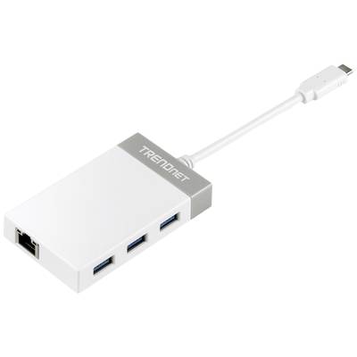 Externe USB-C-Hub von TRENDnet mit drei USB 3.0-Anschlüssen und einem Ethernet-Port, verbunden über ein kurzes Kabel.