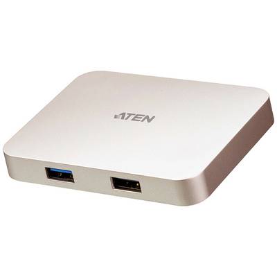 Ein weißer USB-Hub mit zwei USB-Anschlüssen an der Vorderseite, kompaktes und minimalistisches Design, markiert mit 'ATEN'.