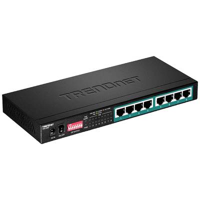 Ein schwarzer Netzwerk-Switch mit acht Ethernet-Ports, Netzschalter und Statusanzeige-LEDs auf der Vorderseite.
