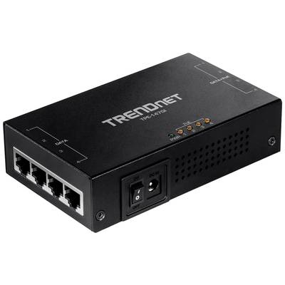 Ein schwarzer Netzwerk-Switch der Marke TRENDnet mit fünf Ethernet-Ports, einer Ein/Aus-Taste und zwei Status-LEDs für Power und Traffic.