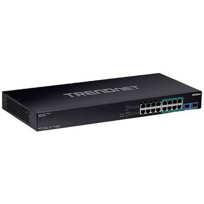 Ein schwarzer Netzwerk-Switch von TRENDnet mit 16 Ethernet-Ports und zwei weiteren Ports auf der rechten Seite.