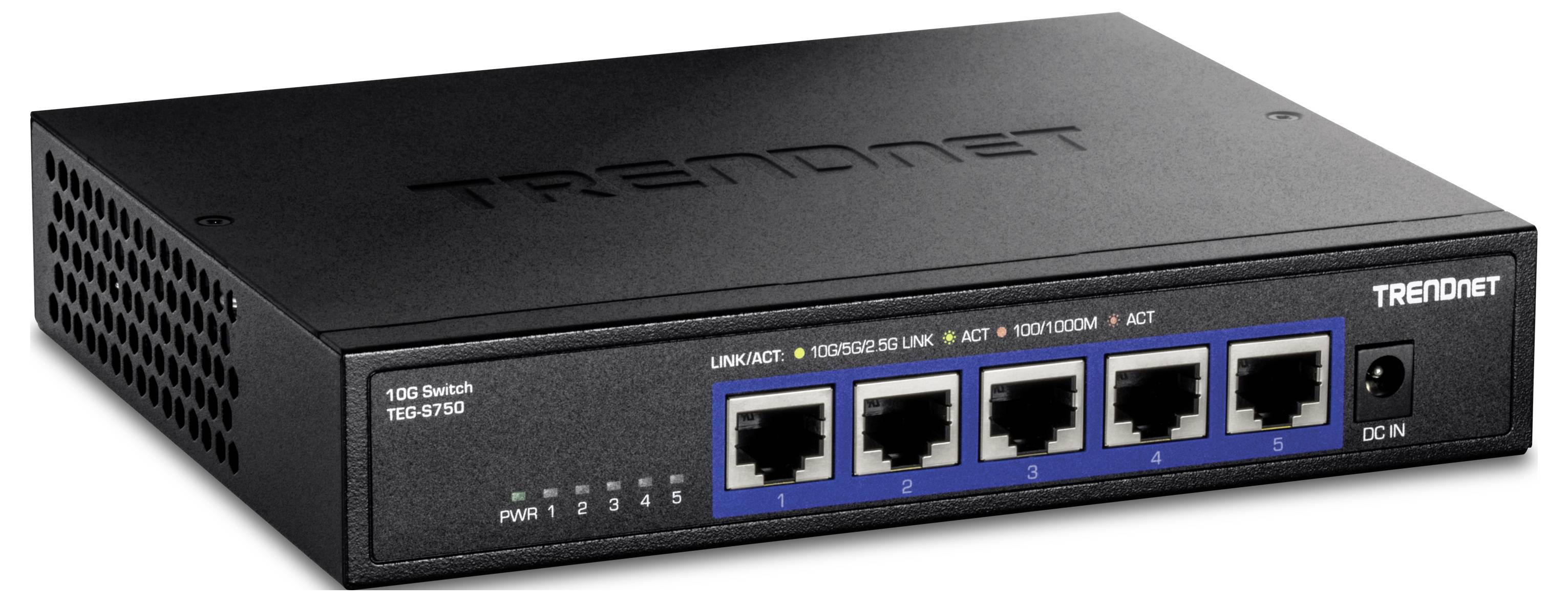 Ein schwarzer Netzwerkswitch mit vier Ethernet-Ports und 'TRENDnet' Logo. Modellnummer TE100-S5.