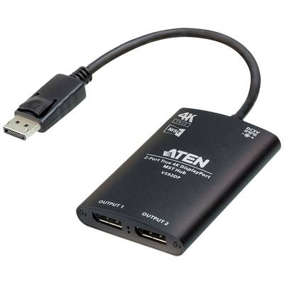 Ein schwarzer 2-Port DisplayPort Splitter von ATEN für 4K-Anzeige. Er hat zwei Ausgänge und ist für den Anschluss an ein Display geeignet.