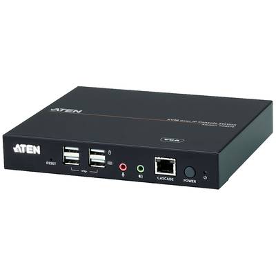 Ein schwarzer KVM over IP-Konverter mit USB-Anschlüssen, VGA, Netzwerkanschluss und verschiedenen Steuerungstasten.