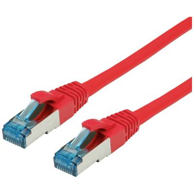 Rotes Ethernet-Kabel mit zwei RJ45-Steckern, oft für Netzwerkverbindungen verwendet.