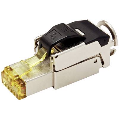 Metallener RJ-45-Stecker mit schwarzem Kunststoffclip, geeignet für Netzwerkverbindungen, zeigt robuste Bauweise für Ethernet-Kabel.